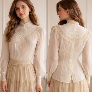 Victorian Prairie Lace Blouse Ivory Romantic High Neck Womens Size 2 Vintage